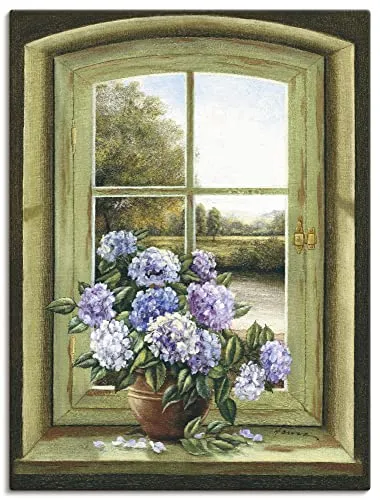 ARTLAND Wanddeko Leinwand Bilder Wandbild 45x60 cm Stillleben Arrangements Botanik Malerei Grün A7BK Hortensien am Fenster