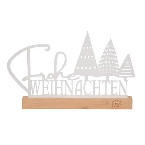UNUS Aufsteller Frohe Weihnachten mit Tannenbäumen Weihnachtsdeko aus Metall mit Bambusfuß 30x19,5 cm in Schwarz oder Weiß stilvolle Winterdeko für Tisch, Regal oder Fensterbank