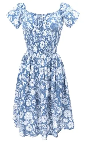 GURU SHOP Boho Minikleid - Handbedrucktes Baumwollkleid in Blau für Damen, Size:S - Elegantes, luftiges Sommerkleid im Boho-Style. Mit elastischem Taillenbereich und einzigartigem Holzstempel-Muster, das jedem Kleidungsstück einen individuellen Charakter verleiht.