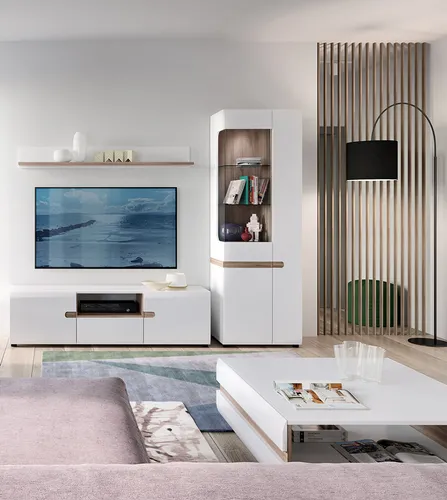 Lomadox Wohnzimmer-Set LEGNICA-129, 4-tlg. Mega-Spar-Set - Stilvolle Wohnwand mit LED-Beleuchtung in weiß Hochglanz und Trüffel Eiche Nb. für modernes Wohnen, inklusive Vitrinenschrank, TV Lowboard, Wandboard und Couchtisch.