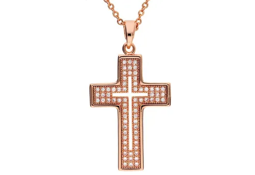 LÖB Kette mit Anhänger 18K Roségold vergoldet Zirkonia Steine Kette Kreuz Anhänger Kreuzkette (Geschenke für Frauen Beste Freundin Mutter Mama Damen zum Geburtstag Weihnachten Weihnachtsgeschenke, Inkl. Schmuckbox), Halskette Glitzer Strass Kreuzanhänger Kommunion Konfirmation Firmung
