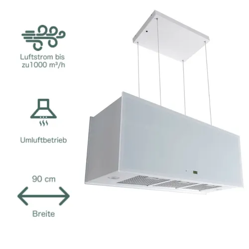 Dunstabzugshaube Inselhaube 90cm Gurari GCH I 333 Prime Umluft Weiß Glas Insel