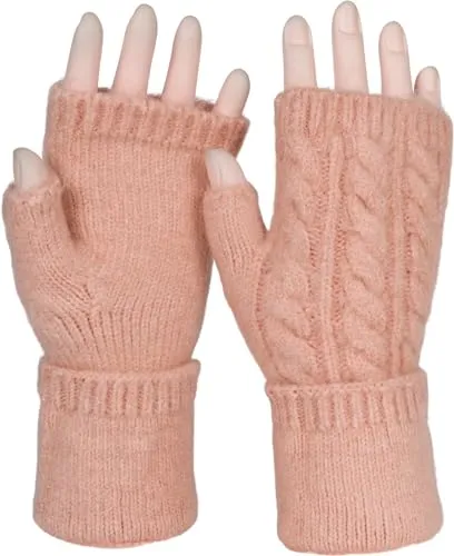 styleBREAKER Damen Fingerlose Handschuhe mit Zopfmuster und dezentem Metallic-Faden, Winter Strickhandschuhe 09010042, Farbe:Altrose