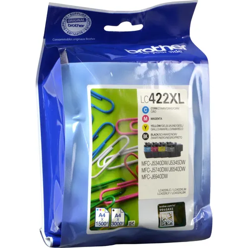 Brother LC422XL HY Value Pack (M, C, Y, BK) - Hochleistungs-Druckerpatronen - Druckerpatrone für lebendige Farben, ideal für hochwertige Ausdrucke und bis zu 3.000 Seiten in Schwarz und 2.300 Seiten in Farbe.