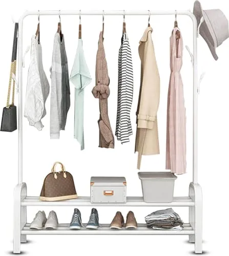Vonia Kleiderständer mit Doppel-Schuhablage – Weißer Kleiderständer aus Metall, 152 x 34 x 102 cm, stabil & platzsparend – Garderobenständer Kleiderregal für Schlafzimmer & Flur