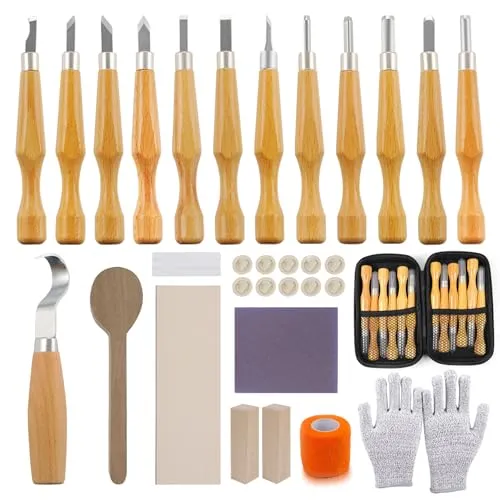 Holz Schnitzwerkzeug Set, Schnitzset mit 33 Teilen, Schnitzmesser, Holzschnitzset für Anfänger, Erwachsene und Kinder, Holzschnitzmesser mit Linde Holzblö cke für DIY Herstellung Löffel, Tasse