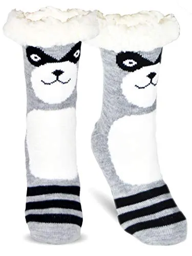 Frostfighter Damen Kuschelsocken mit ABS Sohle (1x Paar) Hüttensocken Wintersocken mit Anti Rutsch Noppen (Grau - Waschbär, 36-41)
