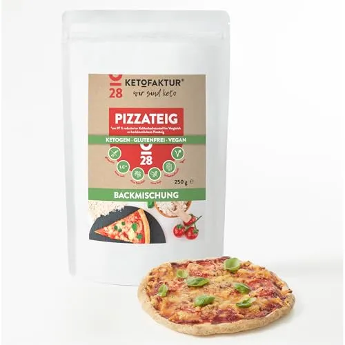 KETOFAKTUR® Backmischung PIZZATEIG No28 I 1 Packung à 250g I 97% kohlenhydratreduziert I KETOGEN I GLUTENFREI I VEGAN I Low Carb Pizza-Backmischung I Paleo I Diabetiker