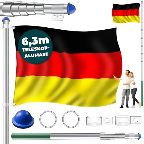 KESSER Teleskop Fahnenmast 6,3m mit Deutschland-Fahne - Fanfahnen-Set mit einem 6,3m hohen Teleskopmast und 60cm Deutschland-Fahne, ideal für Paraden und Veranstaltungen, inklusive stabiler Bodenhülse.