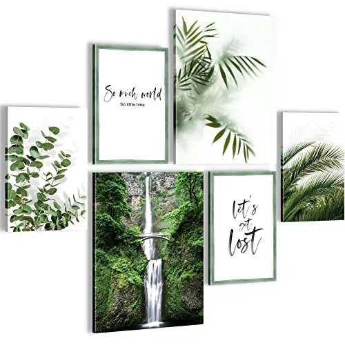 Novart Wandbilder Set Grüne Blätter Pflanze Natur - KEIN EXTRA RAHMEN BENÖTIGT - Modern Deko - Wohnzimmer Schlafzimmer N004163a