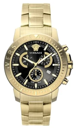 Versace Herren Chronograph New Chrono VE2E00921 - Chronographen mit edlem Edelstahl-Gehäuse, goldfarbenen Akzenten und schwarzem Zifferblatt. Wasserdicht bis 5 ATM - ideal für stilbewusste Herren.