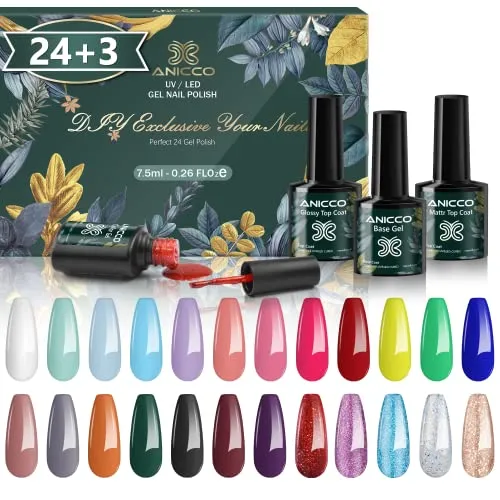 UV Nagellack Set - 27 Stück Gel Farbgel Set mit Unterlack & Überlack - Gellack Set mit 24 Farben, Basislack und glänzendem/mattem Decklack. Ideal für kreative Nageldesigns, hält bis zu 21 Tage ohne Abblättern und ist umweltfreundlich.