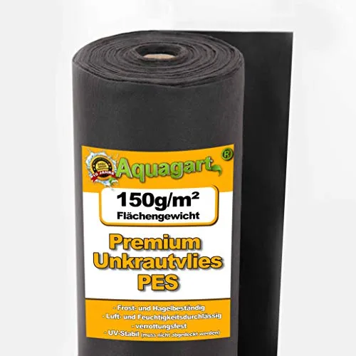 Aquagart 15m Unkrautvlies schwarz PES - 150g I Unkrautschutzfolie für Garten & Hochbeet I Gartenvlies & Unkrautsperre I Wasserdurchlässige Unkrautfolie & Robustes Schutzvlies 1m breit