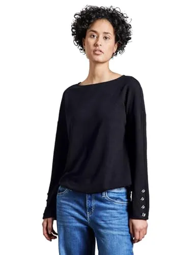 STREET ONE Damen A322791 Shirt mit Knopfdetail - Deep Tint Blue, Größe 42 EU - T-Shirt für Damen mit U-Boot-Ausschnitt und elastischem Saum, aus softem Materialmix für optimalen Tragekomfort.