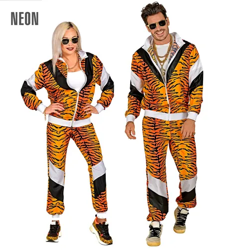 80er Jahre Tigerprint Trainingsanzug - Unisex-Kostüme im coolen 80er Jahre Look, ideal für Sport und Freizeit mit stylischem Tigerprint-Design.