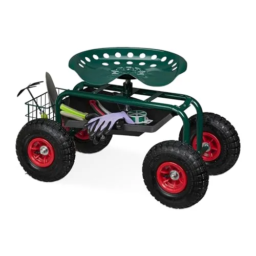 Relaxdays fahrbarer Gartensitz - Höhenverstellbar & praktisch für Gartenarbeit - Camping-Möbel: Bequemer, grüner Rollsitz mit Stauraum und verstellbarer Höhe für ergonomisches Arbeiten im Garten. Ideal für Senioren, bis 150 kg belastbar.