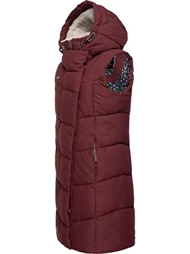 Ragwear Damen lange wasserdichte Winter Steppweste Pavla Vest Wine Red XXL - Stylische, vegan produzierte Steppweste mit gefütterter Kapuze und wasserdichtem Obermaterial. Ideal für kühle Tage, bietet sie hohen Tragekomfort und eine perfekt taillierte Passform.