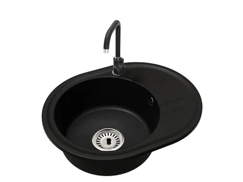 Bella Granitwaschbecken Schwarz mit Küchenarmatur und Siphon