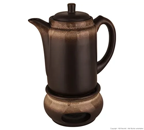 Original Bunzlauer Keramik Kaffeekanne mit Stövchen 1,25 Liter im Dekor ZACIEK (Bauernkeramik)