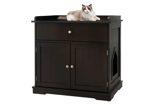 COSTWAY Katzenschrank mit Schublade und Eingang – 3-in-1 Katzenhaus & Beistelltisch - Praktisches 3-in-1 Design: Dieser Katzenschrank bietet einen geschützten Rückzugsort für Ihre Katze und dient gleichzeitig als stilvoller Beistelltisch. Mit geräumiger Schublade zur Aufbewahrung von Zubehör.