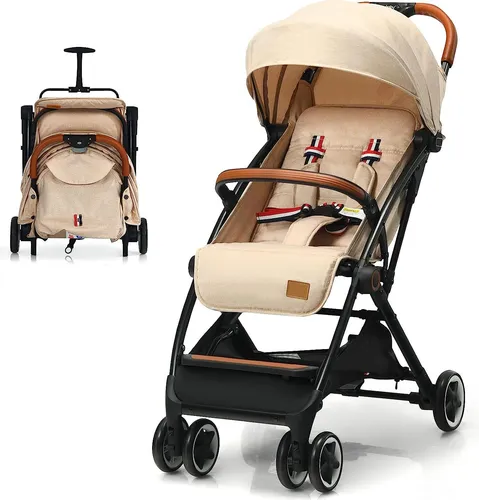COSTWAY Kinderwagen einhand faltbar, Kinderbuggy mit verstellbare Rückenlehne & Fußstütze & Verdeck, Reisebuggy mit Liegefunktion, 5-Punkt-Sicherheitsgurt für Baby bis 3 Jahren, 15 kg Belastbar(Beige)