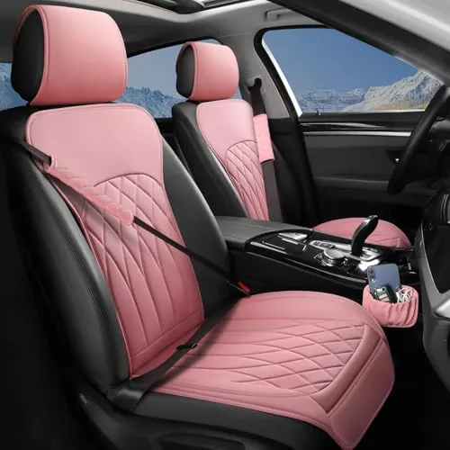 BEITK Vordersitzbezüge aus Leder, universal, seitenlos, mit Aufbewahrungstasche und Sicherheitsgurtpolster, wasserdichter Autositzbezug für Autos, LKWs, SUVs, 2 Stück (Rosa)