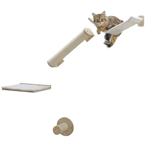 Kerbl Kletterwand Alps - 4-teiliges Massivholz-Set für Katzen - Aktivitätskratzbäume: Vielseitige Kletterwand mit Trittstufe, Liegebrett, Kratzsäule und Hängematte - ideal für kleine Wohnungen, individuell montierbar und aus robustem Massivholz.