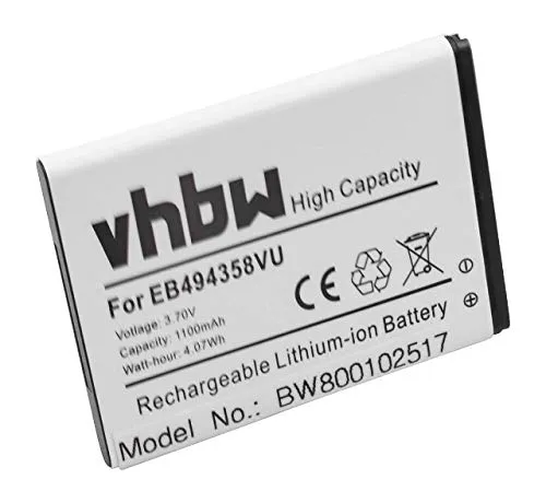 vhbw Akku kompatibel mit Samsung Galaxy GT-S5830, GT-S5839i, GT-S6012, GT-S5830T, Gio GT-S5660 Handy Smartphone Telefon (1100 mAh, 3,7 V, Li-Ion)