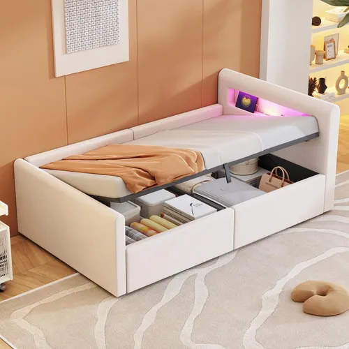 okwish Polsterbett 90×200 mit LED-Licht und Nachtlicht,Kinderbett mit USB-Ladeanschluss und Stauraum,Einzelbett mit Regal,ohne Matratze,Samtstoff,Beige