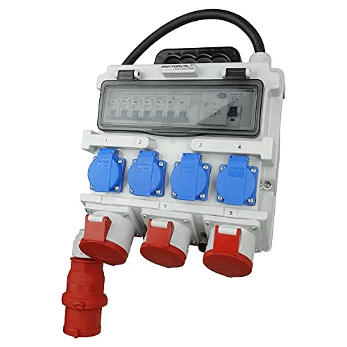 Baustromverteiler FI-Schutzschalter TR-S/FI 4x230V 3x400V 1x32A/2x16A - Sonstige Elektroinstallationsartikel, spritzwassergeschützt mit 4x230V und 3x400V Steckdosen für sichere Stromversorgung auf Baustellen und Veranstaltungen.