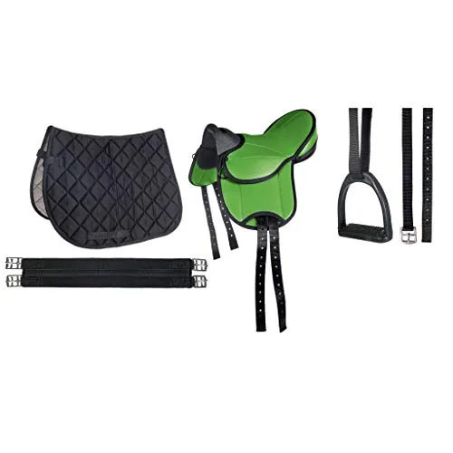 HKM 9346 Shettysattel-Set Beginner, Shetty Sattel inkl Schabracke Steigbügel Grün