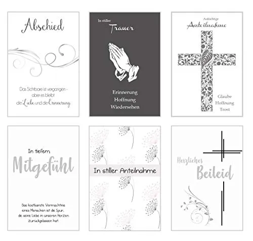 Set 6 einfühlsame Premium-Trauerkarten mit Silber-Prägung/Beileidskarten mit Umschlag. Trauerkarte Beileidskarte mit Spruch schreiben (Doppelkarten/Klappkarten mit Briefumschlag (20113))