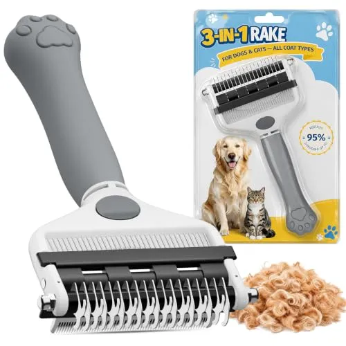 Zivacate 3-in-1 Unterwolle Bürste Hund & Katzenbürste Langhaar | Doppelseitige Unterfellharke (17+9 Zinken) aus Edelstahl, mit ergonomischem Griff, entfernt Unterwolle & Verfilzungen - Grau