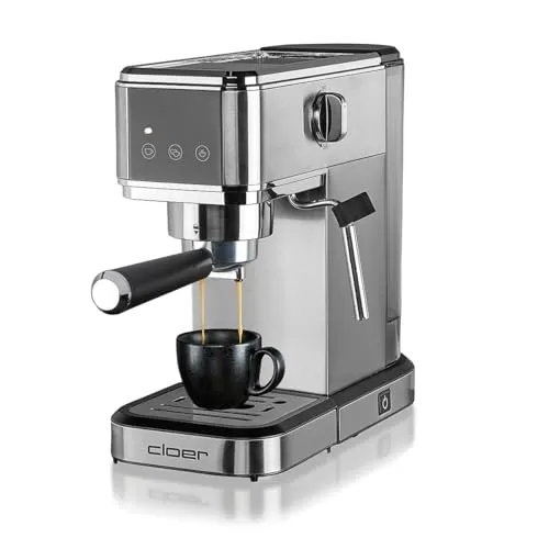 Cloer 5829 Espresso Siebträgermaschine - 20 Bar Pumpe, kompakte Edelstahl-Konstruktion mit integriertem Milchaufschäumer für perfekten Espresso und Cappuccino