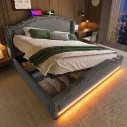 MODFU Polsterbett 140x200cm, Doppelbett mit hydraulischem Stauraum, Jugendbett mit LED-Beleuchtung und USB-C-Ladeanschluss, mit Lattenrost, Samt, M... - Grau