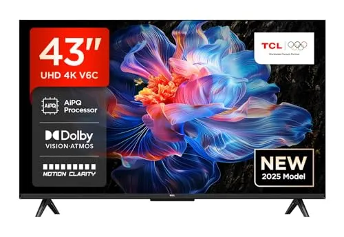 TCL 43V6C 43 Zoll 4K HDR Smart TV - Fernseher mit HDR10 und HVA-Panel für lebendige Farben und hohen Kontrast. Ideal für Gamer dank HDMI 2.1 und geringer Latenz. Unterstützt Google Assistant und Alexa.