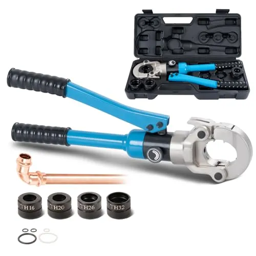 TEENO Profi Presszange Hydraulisch TH-Kontur 16-20-26-32, Set Presswerkzeug mit 360° drehbarem Kopf, Hydraulik Presszange 10 Ton, Backeneinsätze TH16,TH20,TH26,TH32 incl.