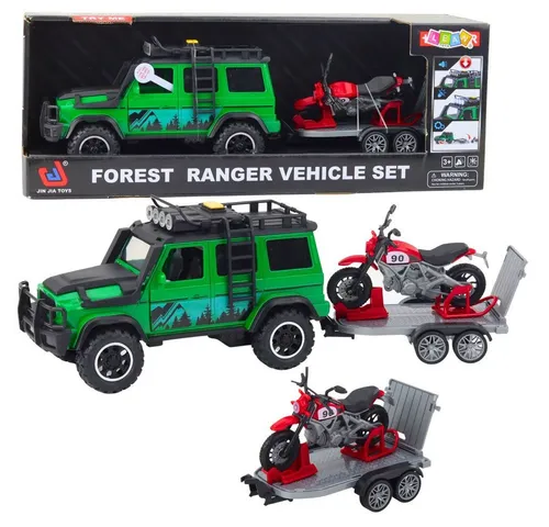 Geländewagen-Set mit Abschleppwagen und Motorrad – Lichter und Geräusche, Grün