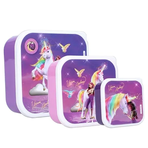 Vadobag Snackbox Unicorn Academy Fresh Bites (3tlg.) – Set mit 3 ineinandergreifenden Snackbehältern, Brotdosen für Snacks, Schule, Kindergarten, Sport