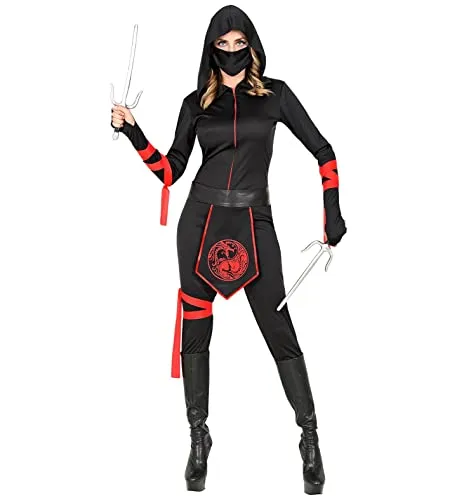 Overall Ninja für Damen, schwarz/rot - Kostüm für Damen – Verwandeln Sie sich in eine geheimnisvolle japanische Spionin mit diesem sexy Ninja-Overall, der Kampfgeist und Stil vereint!