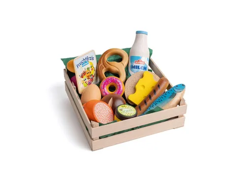 Erzi Sortiment Snacks XL - Holzspielzeug - Spielmöbelzubehör mit 13 Teilen aus Holz für kreatives Rollenspiel: Bunte Lebensmittel wie Brezel, Bratwurst und Doughnut fördern die Fantasie und Motorik von Kindern.