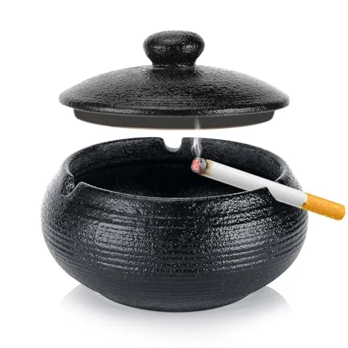 Collazoey Aschenbecher, Aschenbecher für den Außenbereich, Keramik mit Deckel, Schwarz Retro Keramik, geeignet für zu Hause, Büro, Schreibtisch, Terrasse, Balkon im Freien
