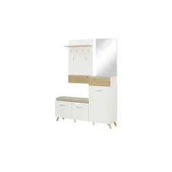 Kompaktgarderobe Cadria, weiß, modern im Skandi-Look - Garderobe & Kleiderstangen: Kompaktgarderobe Cadria mit Kommode, Bank, Paneel und Spiegel. Inklusive Sitzkissen und hochwertiger Verarbeitung für stilvolle Eingänge.
