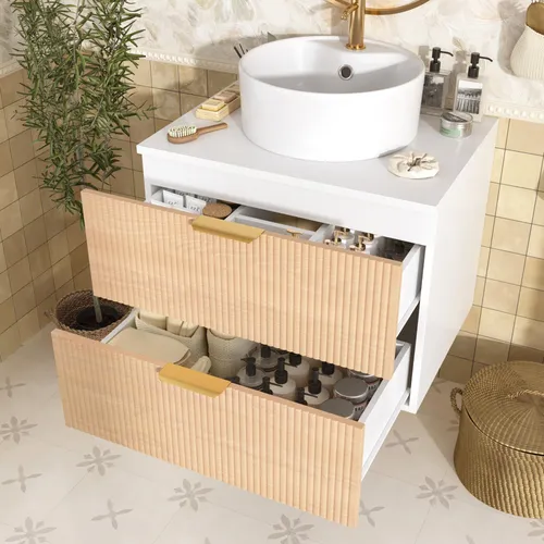 okwish Badunterschrank mit Keramikwaschbecken und 2 Schubladen - Ideal für kleine Bäder: Der wandmontierte Badunterschrank bietet mit 60 cm Breite platzsparenden Stauraum und eine elegante Keramikarbeitsplatte. Modernes Design in Holzoptik mit durchdachter Raumaufteilung für optimale Organisation.