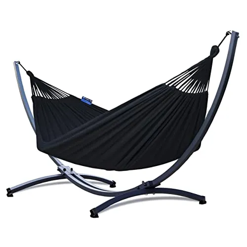 Potenza Outdoor Hängematte mit Gestell für 2 Personen I Baumwolle Doppelhängematte XXL 220x160, 200kg I Hängemattengestell 220kg, wetterfest (Schwarz, Basic Gestell Graphit)