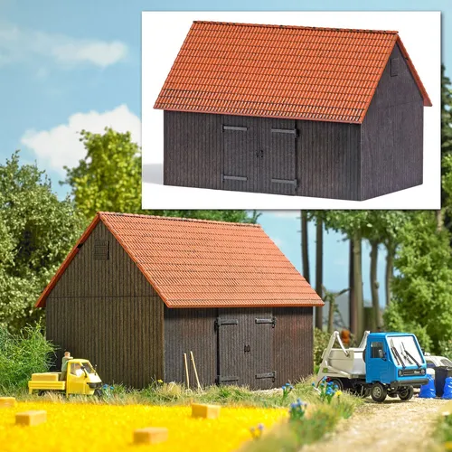 Busch 1900 H0 Scheune mit Ziegeldach - Bau- & Gestaltungsmaterial, detailgetreue Nachbildung für realistische Modelleisenbahnanlagen