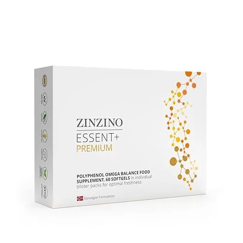 ZinZino Essent+ Premium Omega-3 Kapseln Hochdosiert mit Omega-9, Vitamin D, Polyphenolen, Squalen, EPA & DHA – Lebertran & Olivenblattextrakt – Fischöl Kapseln