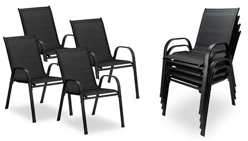 sunnypillow 4er Set Stapelstühle schwarz – Hochlehner Gartenstühle mit Armlehnen - Stapelbare Stühle für Innen und Außen – Ergonomisches Design mit hoher Rückenlehne für optimalen Komfort, ideal für Garten und Terrasse.