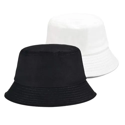 SEFIRST 2 Stück Fischerhüte Bucket Hat, Sonnenhut Baumwolle Bucket Hut Fischerhut Anglerhut für Damen Herren, UV Schutz Faltbar Sommermütze Freizeithut Herbst Wandern Camping Reisen, Weiß Schwarz