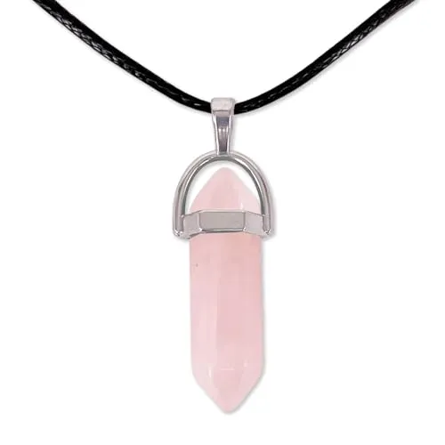 Punktförmiger Naturstein-Anhänger – Halskette mit 45 cm langer, gewachster schwarzer Fadenkette – Halbedelsteine (Rosa Quarz)